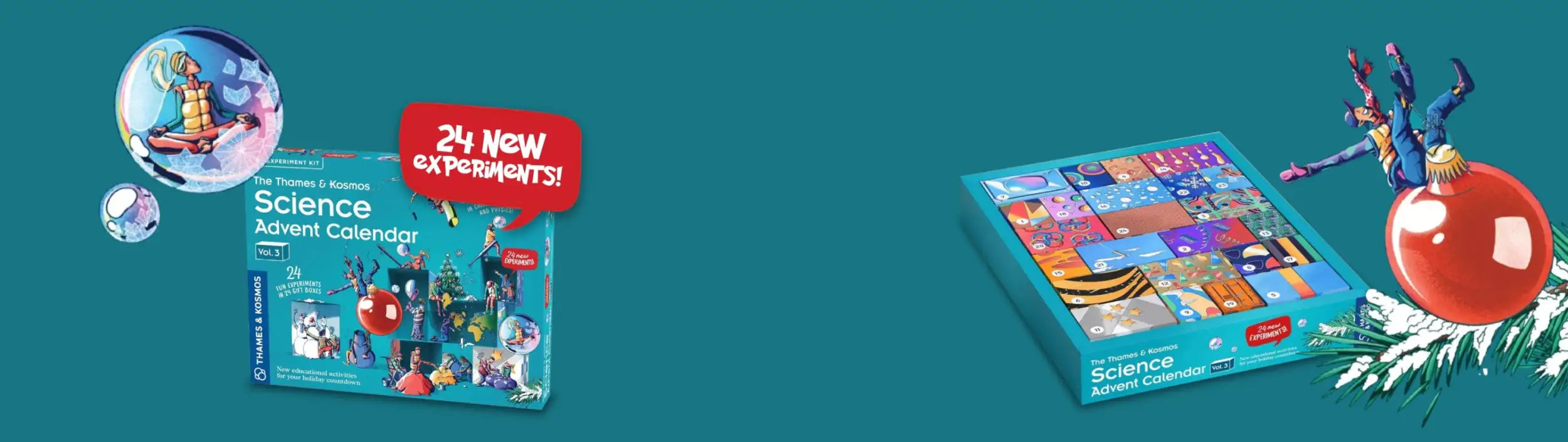 24-day science advent calendar with colorful illustrations and a festive design.