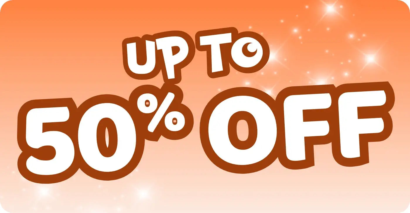 50% off sale sign with orange background and brown text.