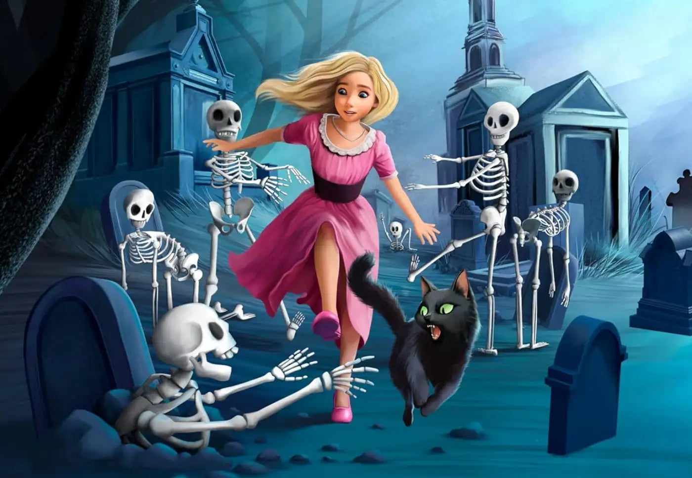 Black cat with green eyes and a pink collar, walking in front of skeletons.