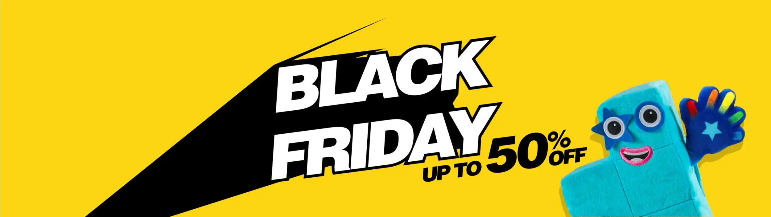 Blue plush toy monster with star on hand, yellow background