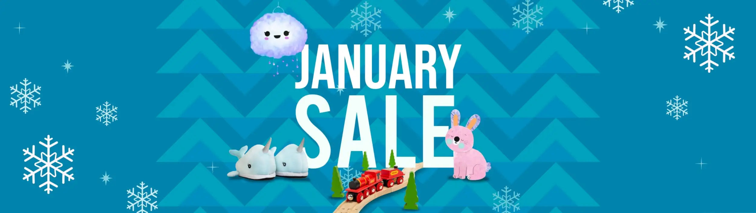 Blue winter-themed january sale banner featuring snowflakes, a plush cloud, and toy animals.