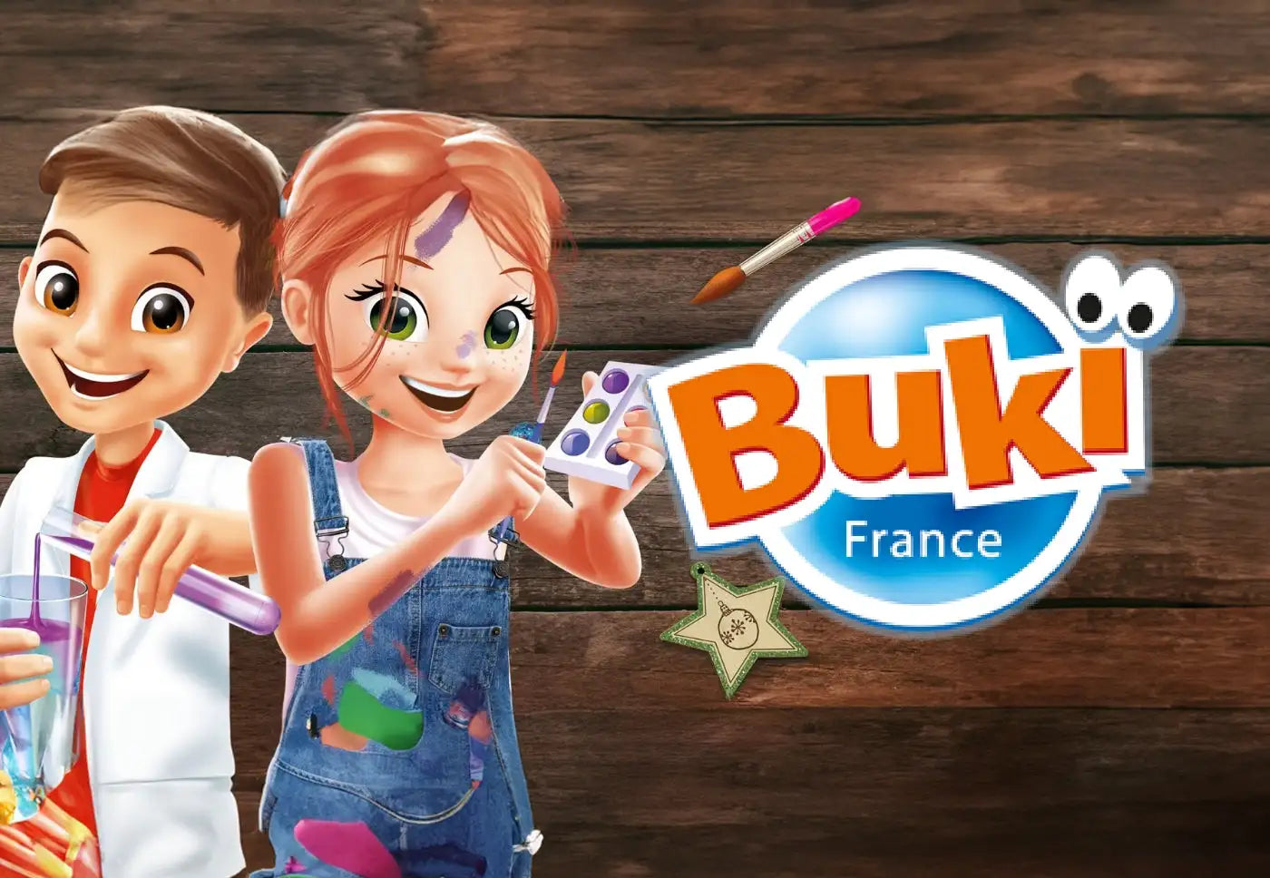 Buki france watercolor set with vibrant colors and a brush.