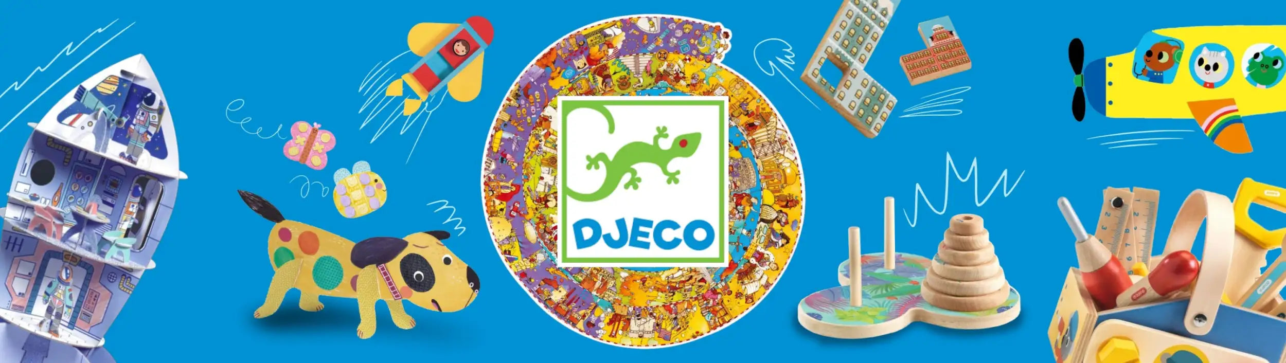 Djeco colorful wooden toy set with various shapes and animals.