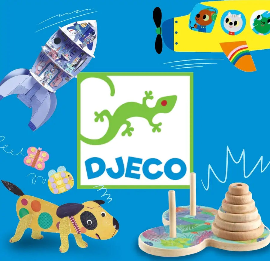 Djeco wooden stacking rings toy with colorful designs.