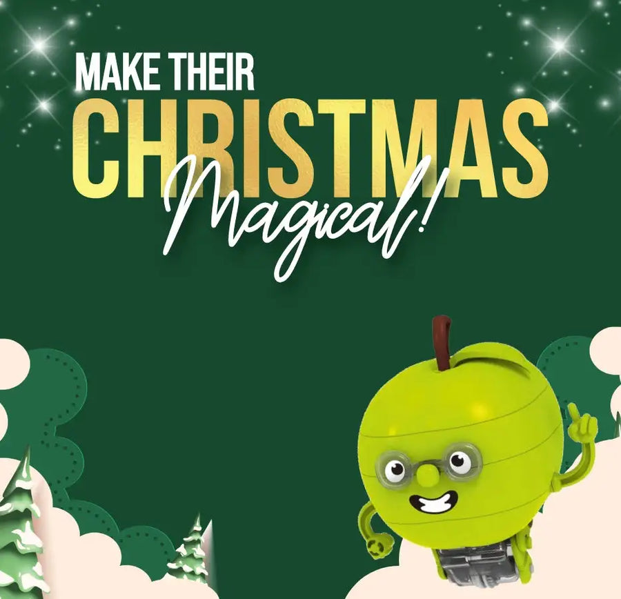 Green apple-shaped toy robot with a smiling face and red antenna.