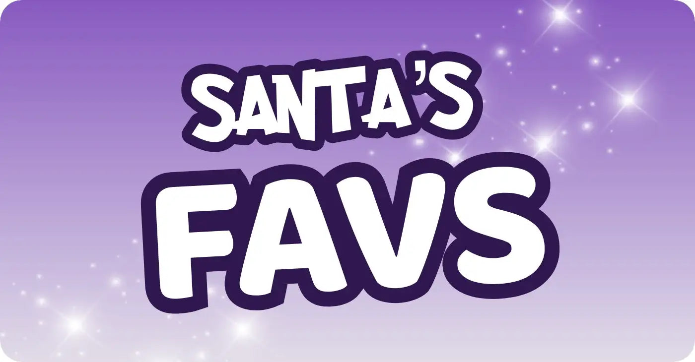 Purple glittery santa’s favs sign with white text and black outline.