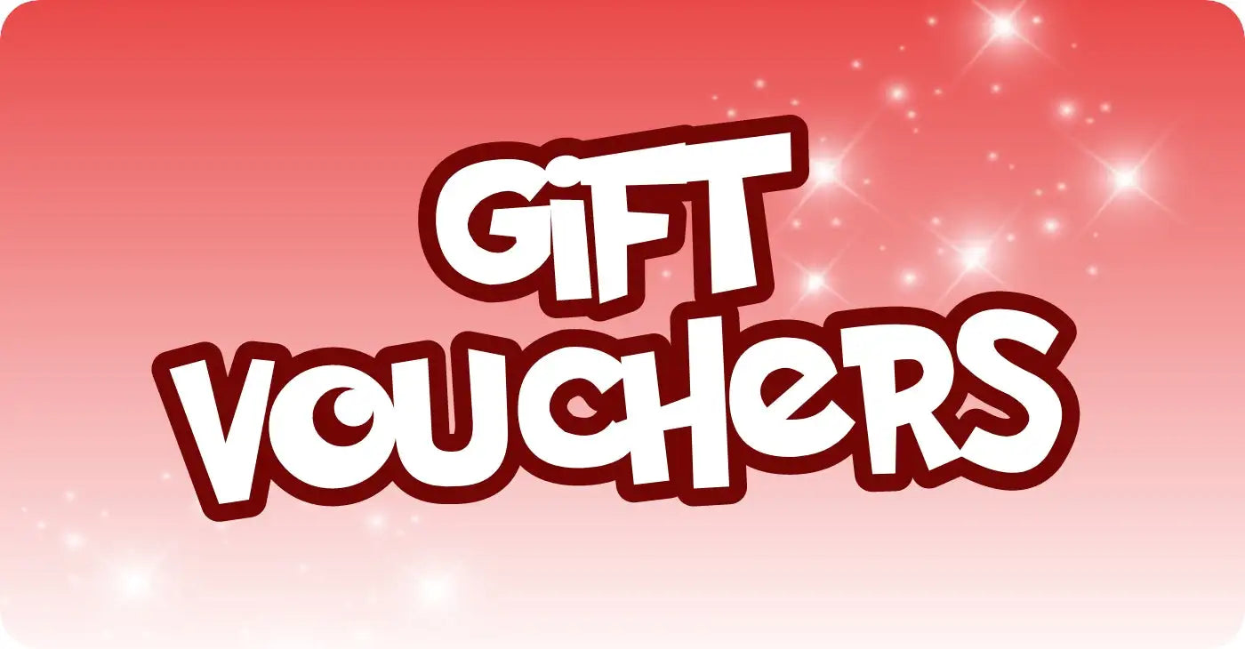 Red gift voucher with white text and sparkles design.