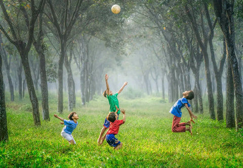 Group of boys playing with a ball in a grassy glade