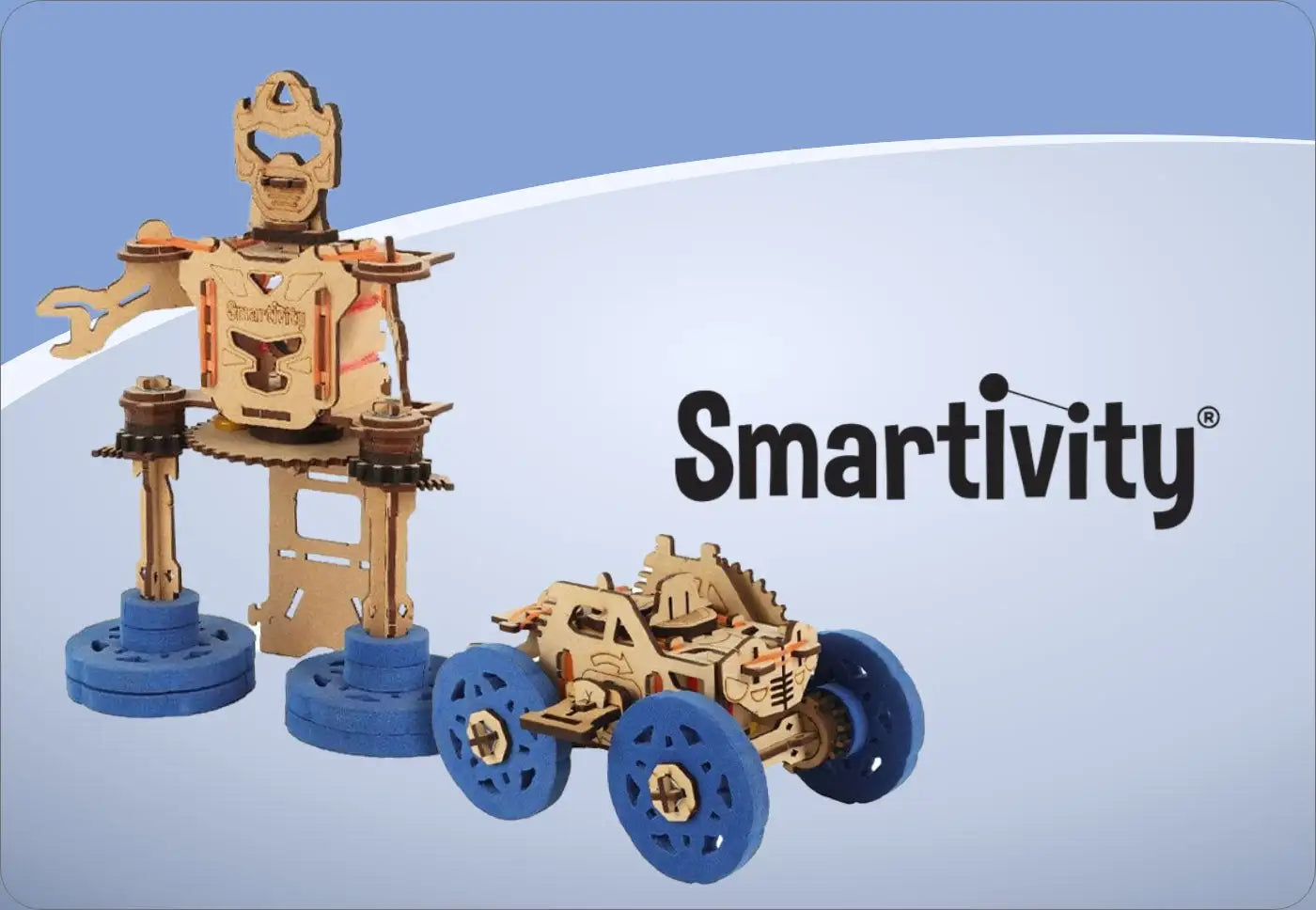 Smartivity wooden mechanical model kit with blue wheels and golden gears.
