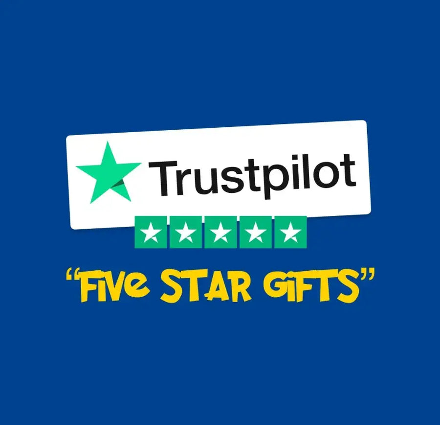 Trustpilot ’five star gifts’ logo on blue background.
