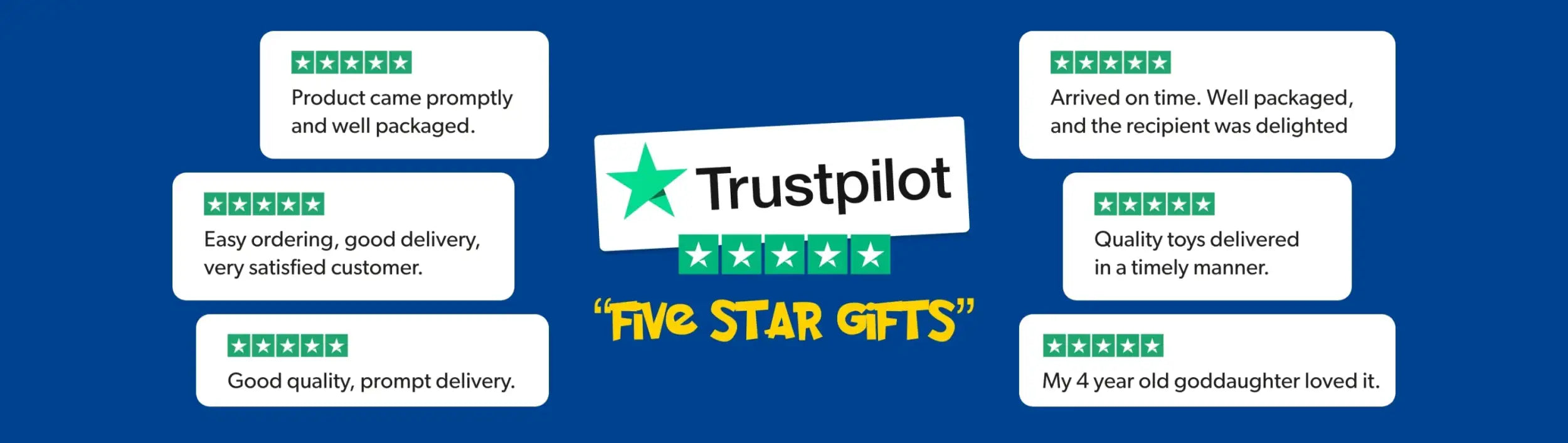 Trustpilot ’five star gifts’ star-shaped logo with five gold stars and a green border.