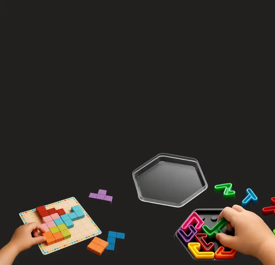 Wooden block puzzle game with colorful geometric pieces and a hexagonal tray.