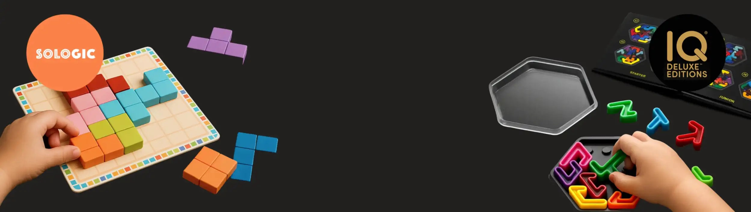 Wooden block puzzle game with colorful geometric shapes and a black base.